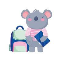 volta às aulas, mochila coala e desenho animado de estudo de livro vetor