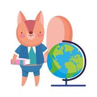 de volta às aulas, esquilo com livro globo mapa desenho animado vetor