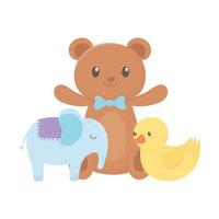 zona infantil, urso de pelúcia, pato e brinquedos de elefante vetor
