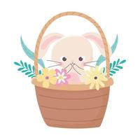 feliz dia de páscoa, coelho fofo na cesta flores folhagem natureza vetor