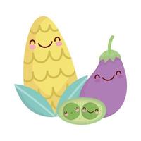 milho berinjela e ervilhas menu personagem desenho animado comida fofa vetor