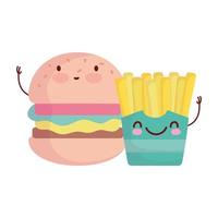 menu de hambúrguer e batatas fritas personagem desenho animado comida fofa vetor
