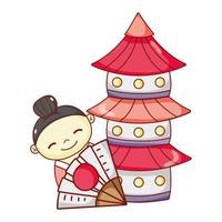 pequena gueixa e pagode desenho animado japonês, sushi e pãezinhos vetor