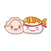 kawaii sushi peixe e biscoito cartoon japonês, sushi e pãezinhos vetor