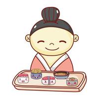 gueixa com bandeja de sushi sopa comida de arroz desenho animado japonês, sushi e pãezinhos vetor