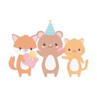 feliz aniversário animais com chapéu de festa decoração de celebração de doces vetor