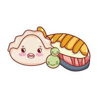peixe kawaii sushi ervilhas e bolachas desenhos animados japoneses, sushi e pãezinhos vetor