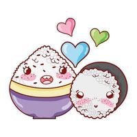 tigela kawaii com arroz e roll love food cartoon japonês, sushi e pãezinhos vetor