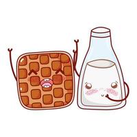 waffle fofo de fast food e personagem de desenho animado de garrafa de leite vetor