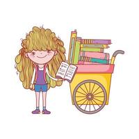 linda garota lendo livro e carrinho com muitos livros vetor