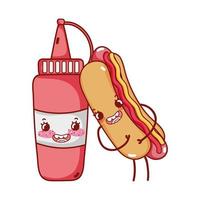 desenho animado de cachorro-quente fofo e molho de tomate fast food vetor