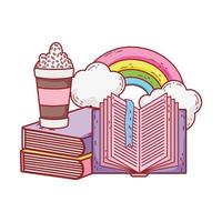 frappe livro aberto livro empilhado de nuvens de arco-íris desenho vetor