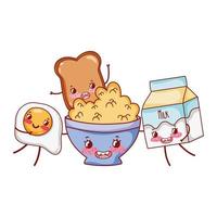 café da manhã cereal fofo ovo frito pão e leite cartoon kawaii vetor