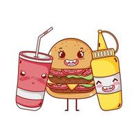 Fast-food hambúrguer fofo mostarda e copo de refrigerante para viagem desenho animado vetor