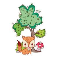 animais fofos, pequena raposa cogumelo árvore natureza cartoon
