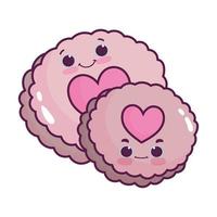 Cookies fofos com corações adoram sobremesa doce kawaii desenho isolado vetor