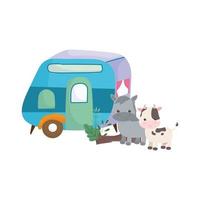 trailer de camping e animais fofos de desenho de vaca com cavalo vetor