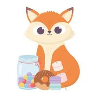 feliz dia, raposa fofa com donut de doces e biscoitos vetor