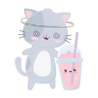 gato louco fofo com milk-shake lanche personagem de desenho animado kawaii vetor