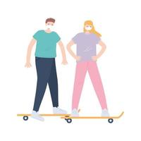 pessoas com máscara médica, homem e mulher andando de skate juntos, atividade na cidade durante o coronavírus vetor