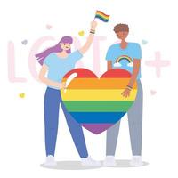comunidade LGBTQ, personagens segurando corações de arco-íris, desfile gay de protesto contra discriminação sexual vetor