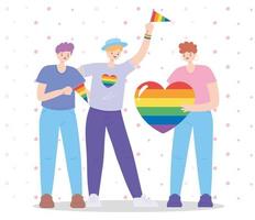 comunidade LGBTQ, homossexuais com bandeira e arco-íris de coração, desfile gay de protesto contra discriminação sexual
