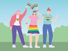 comunidade LGBTQ, mulheres jovens com bandeira do arco-íris, desfile gay de protesto contra discriminação sexual