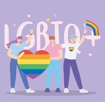comunidade LGBTQ, jovens com coração e bandeira arco-íris, desfile gay, protesto contra discriminação sexual vetor