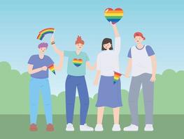 comunidade LGBTQ, grupo diversificado de pessoas com bandeiras do arco-íris e coração, desfile gay de protesto contra discriminação sexual vetor