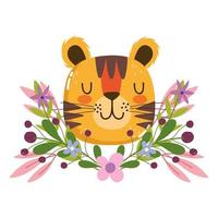 cabeça de tigre fofo animal flores folhagem natureza decoração desenho animado vetor