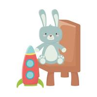 brinquedos infantis coelho fofo sentado na cadeira com objeto de foguete desenho divertido vetor