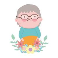 dia dos avós, fofinho avô personagem de desenho animado flores folhagem decoração vetor