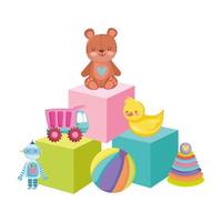 objetos de brinquedos para crianças pequenas brincarem de desenho animado, robô bola de caminhão de pato urso e pirâmide em blocos vetor
