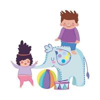 objetos de brinquedos para crianças pequenas brincarem de desenho animado, menina e menino brincando com tambor e bola de elefante vetor
