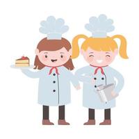 chefs meninas com personagem de desenho animado de cozinha de bolo e panela vetor