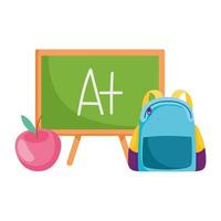volta às aulas, mochila lousa e desenho animado da educação primária apple vetor