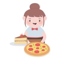 garçonete com pizza e pedaço ckae no personagem de desenho animado vetor