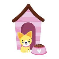 pet shop, casinha de cachorrinho e tigela com comida animal doméstico desenho animado vetor