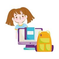 de volta às aulas, menina estudante monitora bolsa de pc e livro desenho animado do ensino fundamental vetor