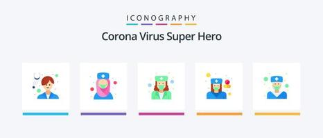 pacote de ícones plana 5 do super-herói do vírus corona, incluindo médico. hospital. médico muçulmano. saúde. médico. design de ícones criativos vetor