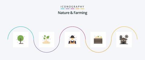 natureza e agricultura flat 5 icon pack incluindo . Fazenda. agricultura. celeiro. legumes vetor