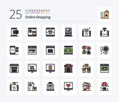 pacote de ícones cheios de 25 linhas de compras on-line, incluindo máquina. atm. Shopping. loja. on-line vetor