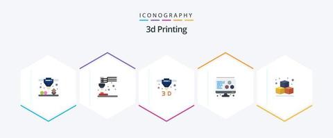 Pacote de ícones planos de impressão 3D 25, incluindo . cubo. direto. caixa. computador vetor