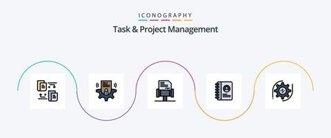 linha de gerenciamento de tarefas e projetos preenchida com 5 ícones planos, incluindo . dólar. lei. configuração. do utilizador vetor