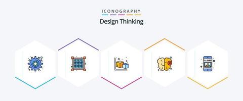 design thinking pacote de ícones de 25 linhas preenchidas, incluindo dispositivos móveis. galeria. flecha. mente. cérebro vetor
