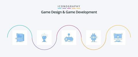pacote de ícones azul 5 de design e desenvolvimento de jogos, incluindo desenvolver. Construir. prêmio. jogos. jogos vetor