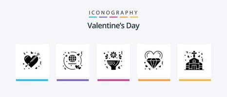 Pacote de ícones do glifo 5 do dia dos namorados, incluindo casamento. coração. viagem. diamante. rosas. design de ícones criativos vetor