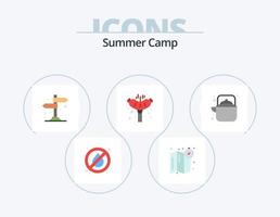 pacote de ícones planos de acampamento de verão 5 design de ícones. chá. ar livre. direção. acampamento. salsicha vetor