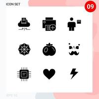 9 conceito de glifo sólido para sites móveis e aplicativos, hardware de aranha alimentar, pacote de halloween, elementos de design vetorial editáveis vetor