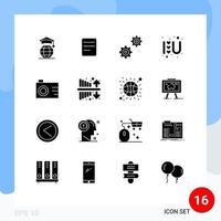 conjunto de pictogramas de 16 glifos sólidos simples de despesas engrenagens digitais câmera amor logotipo elementos de design de vetores editáveis
